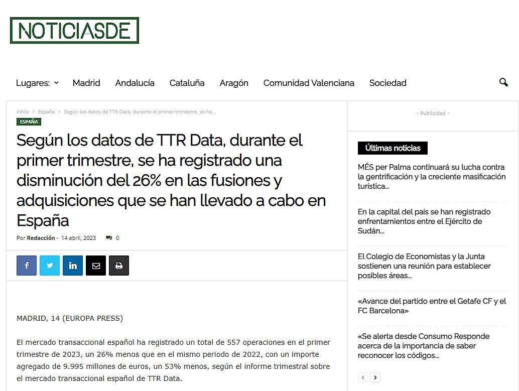 Segn los datos de TTR Data, durante el primer trimestre, se ha registrado una disminucin del 26% en las fusiones y adquisiciones que se han llevado a cabo en Espaa
